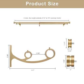 Double Drapery Curtain Rods, 36-72” Telescoping Curtain Rod with 1inch large rod and 5/8inch small rod, Modern Round Style Finials, Warm Gold