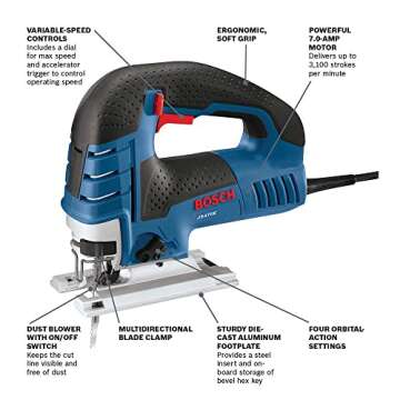 BOSCH Top-Handle Jig Saw 7.0 Amp, 3,100 SPM, 45 Degree Beveled Cuts, Variable-Speed Control, Ergonomic Design, Corded (JS470E)