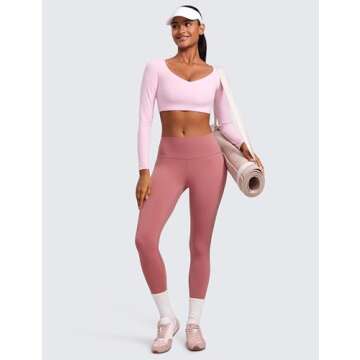 CRZ YOGA Butterluxe Double Lined Long Sleeve Yoga Shirts for Women V Neck Cropped Casual Shirt Tight Crop Fitted Tops Pink Peony Small
