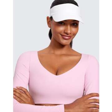 CRZ YOGA Butterluxe Double Lined Long Sleeve Yoga Shirts for Women V Neck Cropped Casual Shirt Tight Crop Fitted Tops Pink Peony Small