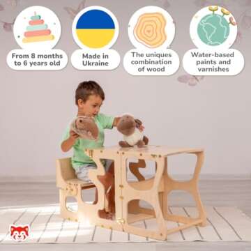 Woodandhearts Kids Kitchen Step Stool with Safety Rail - Learning Toddler Tower Convertible Table an...