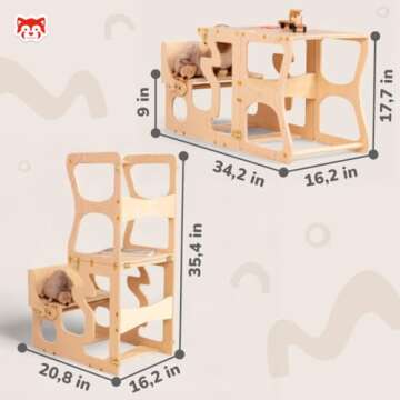 Woodandhearts Kids Kitchen Step Stool with Safety Rail - Learning Toddler Tower Convertible Table and Chair - Toddler Kitchen Stool Helper Montessori Furniture for Toddlers 8 Months to 8 Years (Brown)