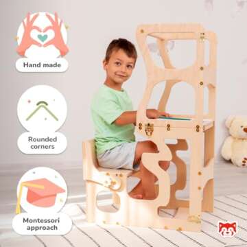Woodandhearts Kids Kitchen Step Stool with Safety Rail - Learning Toddler Tower Convertible Table and Chair - Toddler Kitchen Stool Helper Montessori Furniture for Toddlers 8 Months to 8 Years (Brown)
