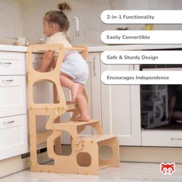 Woodandhearts Kids Kitchen Step Stool with Safety Rail - Learning Toddler Tower Convertible Table and Chair - Toddler Kitchen Stool Helper Montessori Furniture for Toddlers 8 Months to 8 Years (Brown)