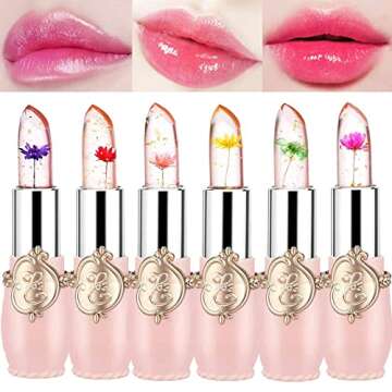Petansy 6 Pack Crystal Jelly Flower Lipstick Set, Nutritious Temperature Change Lip Balm Long Lastin...