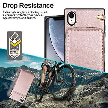 JAKPAK for iPhone XR Case with Card Holder for iPhone XR Wallet Case RFID Blocking Leather Zipper Purse Cover Crossbody Wallet Case with Lanyard for iPhone XR/10R 6.1 inch Rose Gold