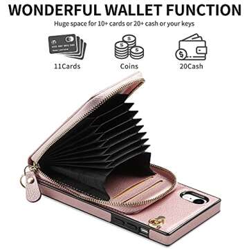 JAKPAK for iPhone XR Case with Card Holder for iPhone XR Wallet Case RFID Blocking Leather Zipper Purse Cover Crossbody Wallet Case with Lanyard for iPhone XR/10R 6.1 inch Rose Gold