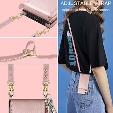 JAKPAK for iPhone XR Case with Card Holder for iPhone XR Wallet Case RFID Blocking Leather Zipper Purse Cover Crossbody Wallet Case with Lanyard for iPhone XR/10R 6.1 inch Rose Gold