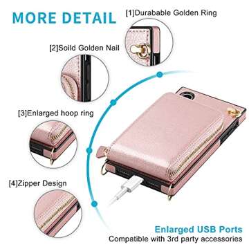 JAKPAK for iPhone XR Case with Card Holder for iPhone XR Wallet Case RFID Blocking Leather Zipper Purse Cover Crossbody Wallet Case with Lanyard for iPhone XR/10R 6.1 inch Rose Gold