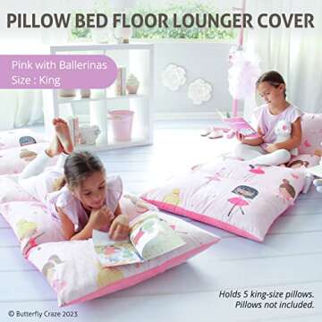 Butterfly Craze Floor Pillow Case, Mattress Bed Lounger Cover, Pink Ballerina, King Size - Cozy Seat...