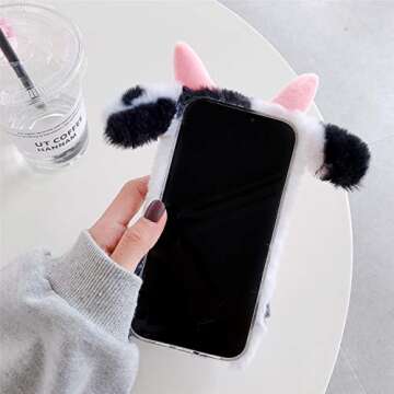 LUVI 3D Cute for iPhone 13 Pro Max Case Plush Furry Fuzzy for Women Fuzzy Fluffy Cartoon Cow Faux Fur Hair Girly Protection Cover for iPhone 13 Pro Max Phone Case Black