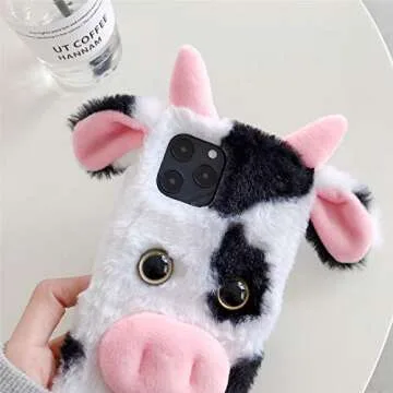 LUVI 3D Cute for iPhone 13 Pro Max Case Plush Furry Fuzzy for Women Fuzzy Fluffy Cartoon Cow Faux Fur Hair Girly Protection Cover for iPhone 13 Pro Max Phone Case Black