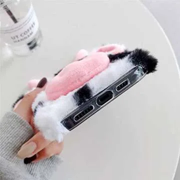 LUVI 3D Cute for iPhone 13 Pro Max Case Plush Furry Fuzzy for Women Fuzzy Fluffy Cartoon Cow Faux Fur Hair Girly Protection Cover for iPhone 13 Pro Max Phone Case Black
