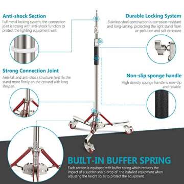 Neewer Heavy Duty Light Stand with Casters, Adjustable Tripod Stand with 100% Stainless Steel, Photography Wheeled Base Stand for Studio Softbox, Monolight, Reflector, Max Height: 10ft/305cm
