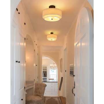 3-Light Semi Flush Mount Ceiling Light Fixture, 16" Black Drum Light Fixture with 2-Laye Fabric Shad...