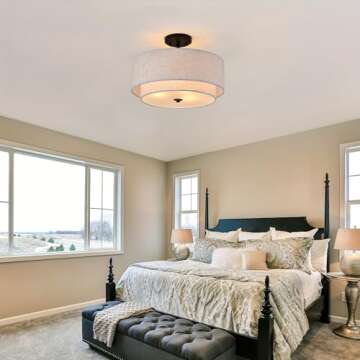 3-Light Semi Flush Mount Ceiling Light Fixture, 16" Black Drum Light Fixture with 2-Laye Fabric Shade Lamps, Modern Close to Ceiling Light for Bedroom Living Dining Room Kitchen Hallway Entryway