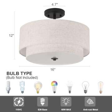 3-Light Semi Flush Mount Ceiling Light Fixture, 16" Black Drum Light Fixture with 2-Laye Fabric Shade Lamps, Modern Close to Ceiling Light for Bedroom Living Dining Room Kitchen Hallway Entryway
