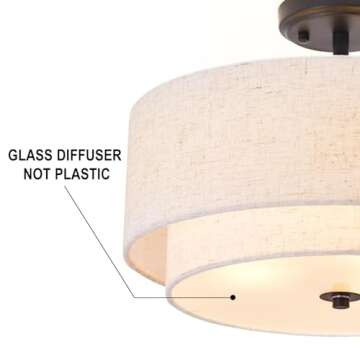 3-Light Semi Flush Mount Ceiling Light Fixture, 16" Black Drum Light Fixture with 2-Laye Fabric Shade Lamps, Modern Close to Ceiling Light for Bedroom Living Dining Room Kitchen Hallway Entryway