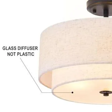 3-Light Semi Flush Mount Ceiling Light Fixture, 16" Black Drum Light Fixture with 2-Laye Fabric Shade Lamps, Modern Close to Ceiling Light for Bedroom Living Dining Room Kitchen Hallway Entryway