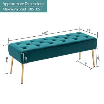 DUHOME Modern Velvet Bench Ottoman, Upholstered Bedroom Benches Footrest Stool Button-Tufted Table Bench Dining Bench with Gold Metal Base for Entryway Dining Room Living Room Bedroom, Atrovirens