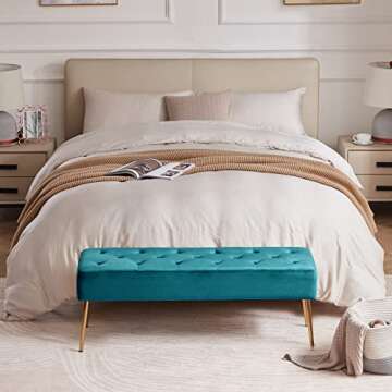 DUHOME Modern Velvet Bench Ottoman, Upholstered Bedroom Benches Footrest Stool Button-Tufted Table Bench Dining Bench with Gold Metal Base for Entryway Dining Room Living Room Bedroom, Atrovirens