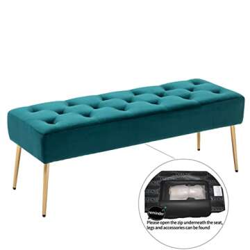 DUHOME Modern Velvet Bench Ottoman, Upholstered Bedroom Benches Footrest Stool Button-Tufted Table Bench Dining Bench with Gold Metal Base for Entryway Dining Room Living Room Bedroom, Atrovirens