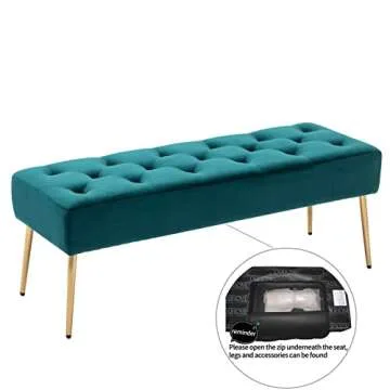 DUHOME Modern Velvet Bench Ottoman, Upholstered Bedroom Benches Footrest Stool Button-Tufted Table Bench Dining Bench with Gold Metal Base for Entryway Dining Room Living Room Bedroom, Atrovirens