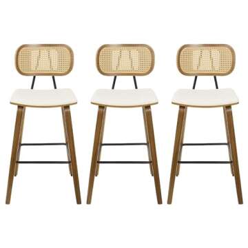 Counter Height Bar Stools Set of 3, Mid Century Modern Counter Stools, 26" Wood Kitchen Stool PU Leather Upholstered Barstool with Rattan Back, Counter Height Island Dining Bar Chair, Cream White