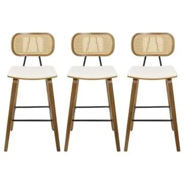 Counter Height Bar Stools Set of 3, Mid Century Modern Counter Stools, 26" Wood Kitchen Stool PU Leather Upholstered Barstool with Rattan Back, Counter Height Island Dining Bar Chair, Cream White
