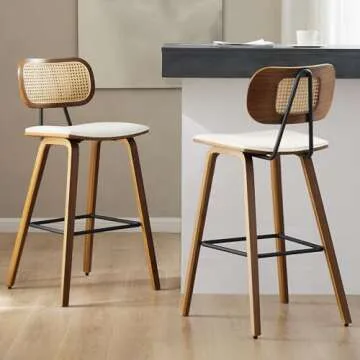 Counter Height Bar Stools Set of 3, Mid Century Modern Counter Stools, 26" Wood Kitchen Stool PU Leather Upholstered Barstool with Rattan Back, Counter Height Island Dining Bar Chair, Cream White