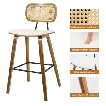 Counter Height Bar Stools Set of 3, Mid Century Modern Counter Stools, 26" Wood Kitchen Stool PU Leather Upholstered Barstool with Rattan Back, Counter Height Island Dining Bar Chair, Cream White