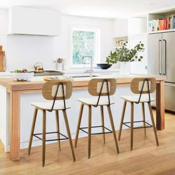 Counter Height Bar Stools Set of 3, Mid Century Modern Counter Stools, 26" Wood Kitchen Stool PU Leather Upholstered Barstool with Rattan Back, Counter Height Island Dining Bar Chair, Cream White