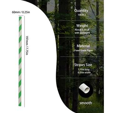 Environment Green White Paper Straws Bulk 100, Disposable Green Striped Drinking Straws with Kraft Box Packing Coktail Straws for Holiday Use Juice Patener