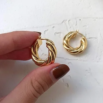 NewZenro Chunky Twist Gold Plated Huggie Earrings for Women