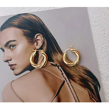 NewZenro Chunky Twist Gold Plated Huggie Earrings for Women