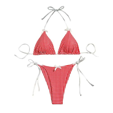 Falainetee Women's Plaid Gingham Bathing Suit High Waisted Halter Triangle Swimsuit Bikini Set Red a...