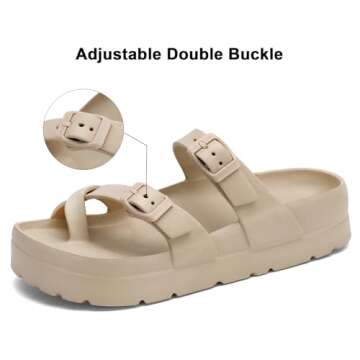SOSOWHLTE Beige Beach Sandals for Women Comfortable Cloud Slides with Arch Support Adjustable Double Buckle Flat Sandals Size 6.5-7