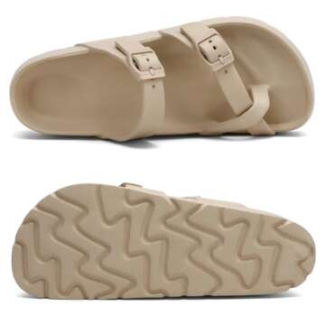SOSOWHLTE Beige Beach Sandals for Women Comfortable Cloud Slides with Arch Support Adjustable Double Buckle Flat Sandals Size 6.5-7