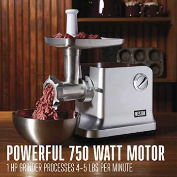 Weston Electric Meat Grinder & Sausage Stuffer, #12 750 Watt, 1 HP Motor, Grinds 4 lbs Per Minute, I...