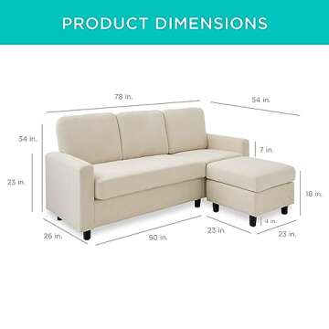 Best Choice Products Upholstered Sectional Sofa for Home, Apartment, Dorm, Bonus Room, Compact Spaces w/Chaise Lounge, 3-Seat, L-Shape Design, Reversible Ottoman Bench, 680lb Capacity - Ivory