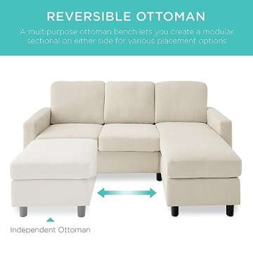 Best Choice Products Upholstered Sectional Sofa for Home, Apartment, Dorm, Bonus Room, Compact Spaces w/Chaise Lounge, 3-Seat, L-Shape Design, Reversible Ottoman Bench, 680lb Capacity - Ivory