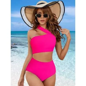 Lilosy Cute Cutout High Waist One Shoulder Piece Swimsuit Bikini Bathing Suit Women Monokini Hot Pink Medium