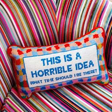 FURBISH Handmade Needlepoint Decorative Throw Pillow - This is a Horrible Idea - 9" x 15" - Small Embroidered Accent Pillow for Bed, Chair, Couch, Sofa - Aesthetic Room Decor