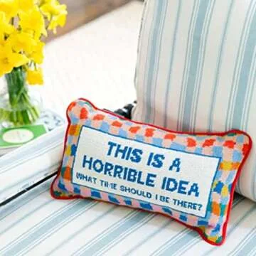 FURBISH Handmade Needlepoint Decorative Throw Pillow - This is a Horrible Idea - 9" x 15" - Small Embroidered Accent Pillow for Bed, Chair, Couch, Sofa - Aesthetic Room Decor