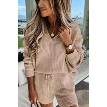 PRETTYGARDEN Women's 2 Piece Outfits 2024 Winter Long Sleeve V Neck Knit Pullover And Shorts Sweater Tracksuit Sets (Beige Apricot,Medium)