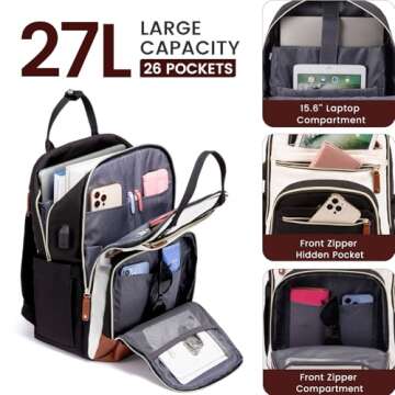 LOVEVOOK Laptop Backpack for Women,15.6inch Professional Women Travel Backpack Purse Anti-theft Laptop Computer Bag,Fashion Warterproof Work Business College Teacher Backpack Daypack,Beige-Black-Brown