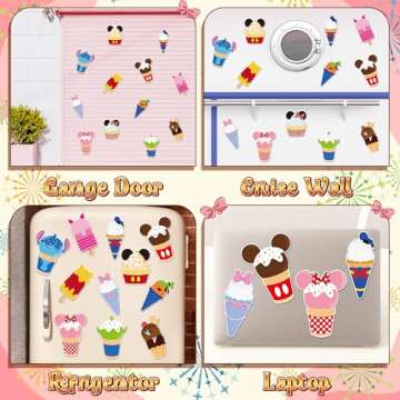 BOpusail 12Pcs Summer Ice Cream Mouse Cruise Door Magnets Cute Style Ice Cream Cruises Entrance Decals Decor Refrigerator Garage Magnet Waterproof Magnetic Sticker for Holiday Carnival Ships Cabin
