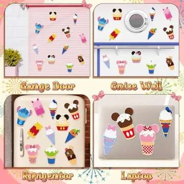 BOpusail 12Pcs Summer Ice Cream Mouse Cruise Door Magnets Cute Style Ice Cream Cruises Entrance Decals Decor Refrigerator Garage Magnet Waterproof Magnetic Sticker for Holiday Carnival Ships Cabin