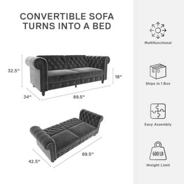 DHP Felix 90 Inch Futon Sofa Bed in Velvet Fabric, Upholstered Chesterfield Couch Sleeper with Tufted Back, Baroque Legs and Rolled Arms, Dark Gray
