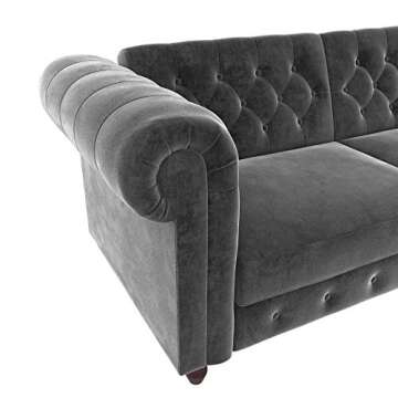 DHP Felix 90 Inch Futon Sofa Bed in Velvet Fabric, Upholstered Chesterfield Couch Sleeper with Tufted Back, Baroque Legs and Rolled Arms, Dark Gray